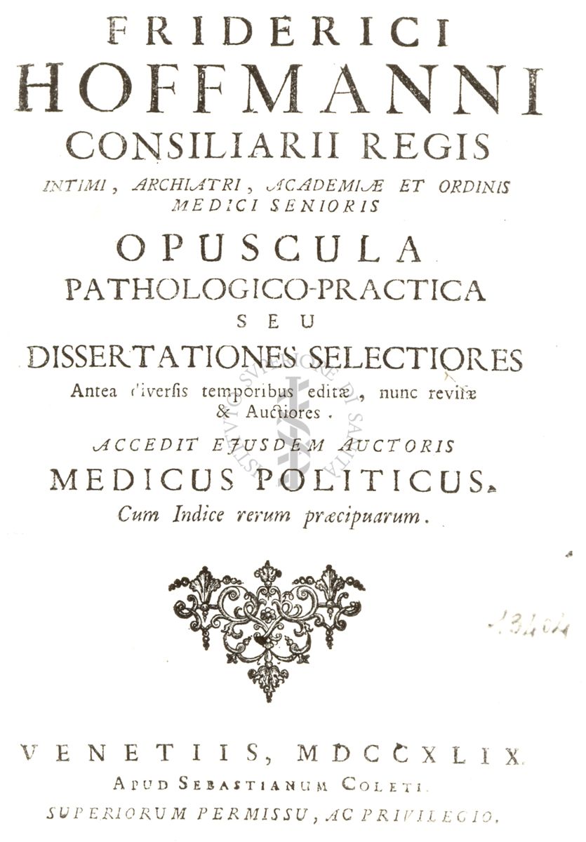 Frontespizio di un libro antico il cui titolo è: "Friderici Hoffmanni"