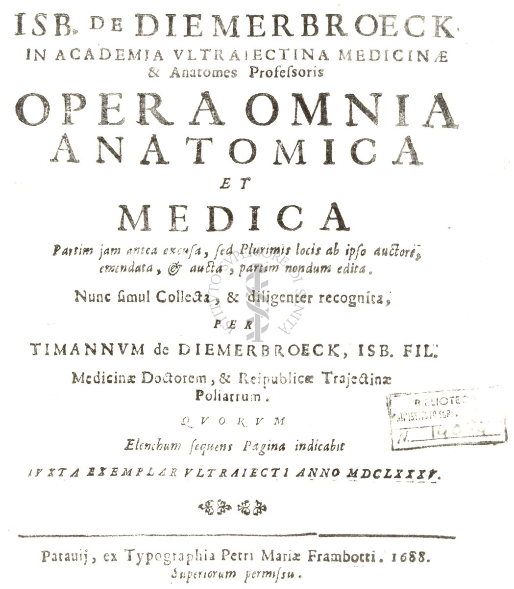 Frontespizio di un libro antico il cui titolo è: "Opera omnia anatomica e medica"