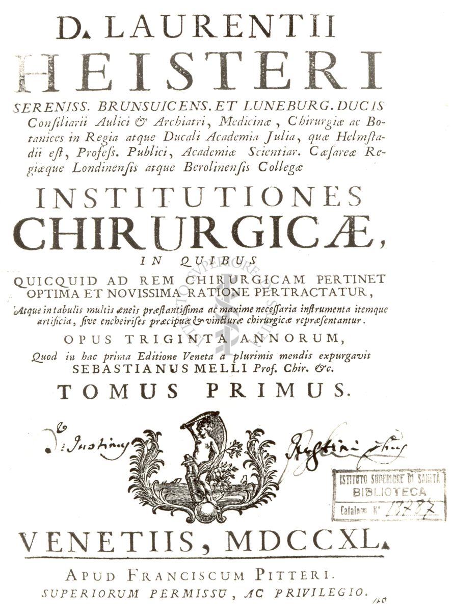 Frontespizio di un libro antico il cui titolo è: "D. Laurentii Heisteri Institutiones Chirurgicae"