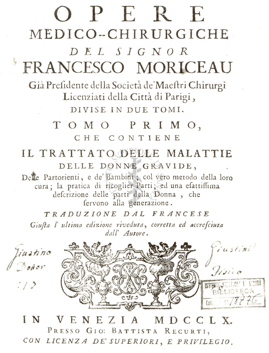 Frontespizio di un libro antico il cui titolo è: "Opere medico-chirurgiche del signor Francesco Moriceau"