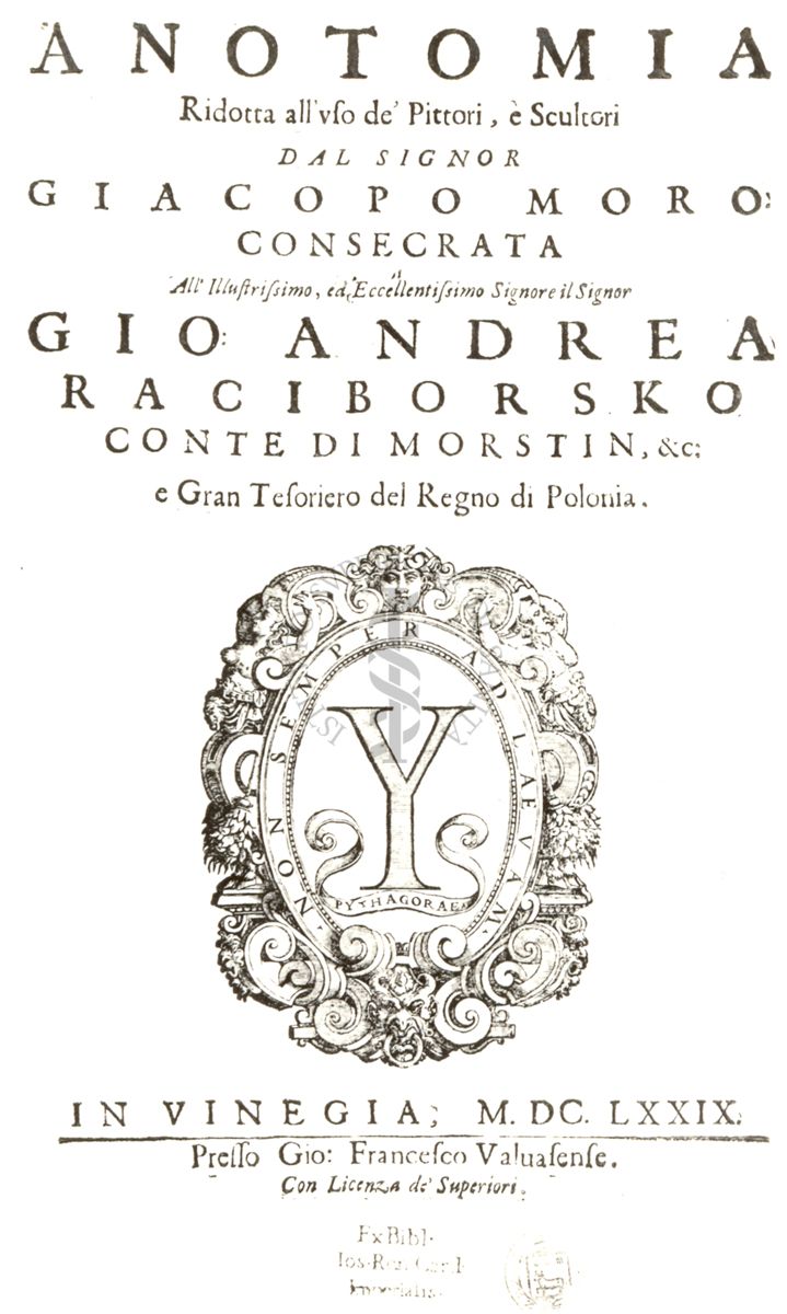 Frontespizio di un libro antico il cui titolo è: "Anatomia  Giacopomoro Gioandrea"