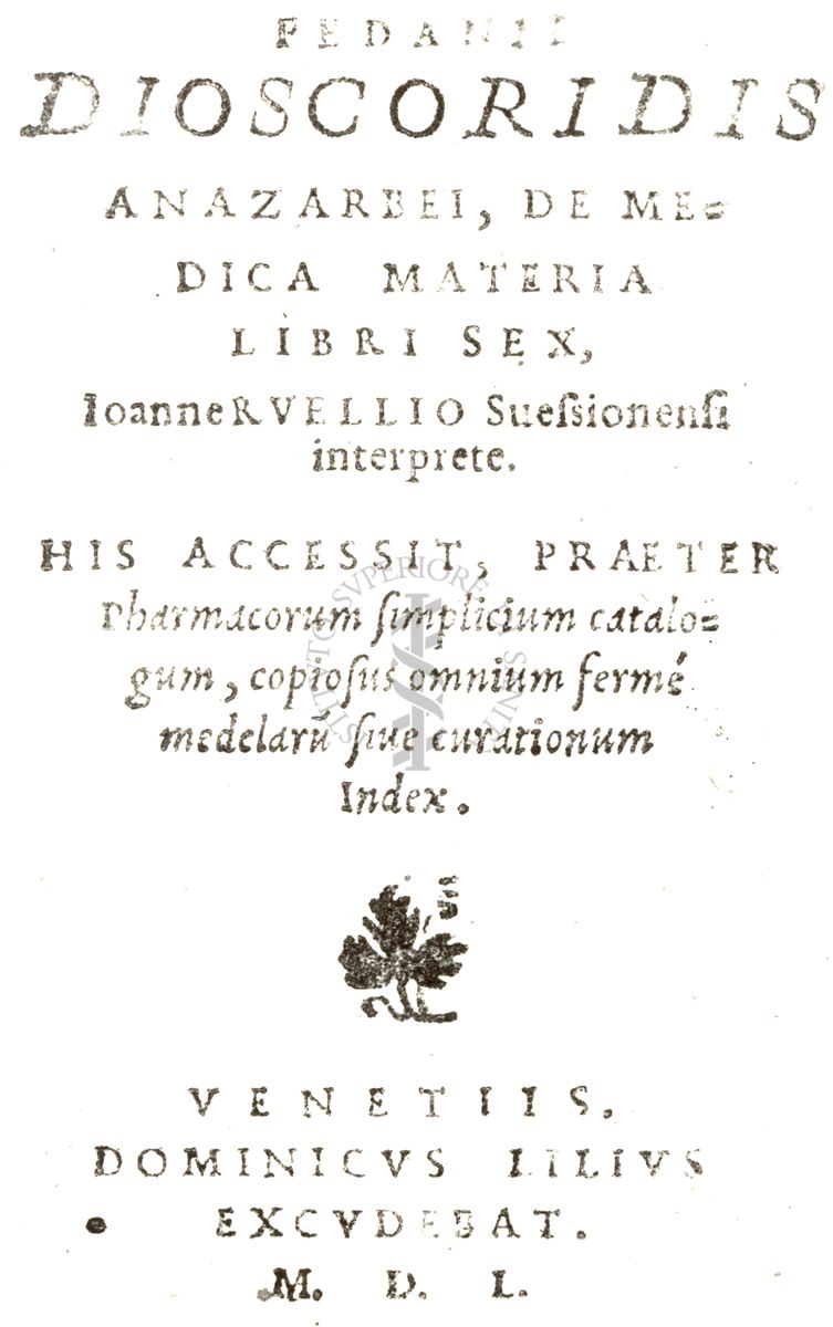 Frontespizio di un libro antico il cui titolo è: "Discoridis"