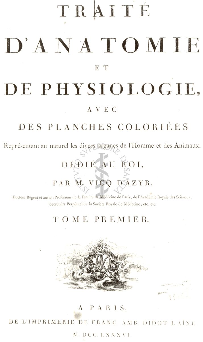 Frontespizio di un libro antico il cui titolo è: "D'Anatomie et de Physiologie"