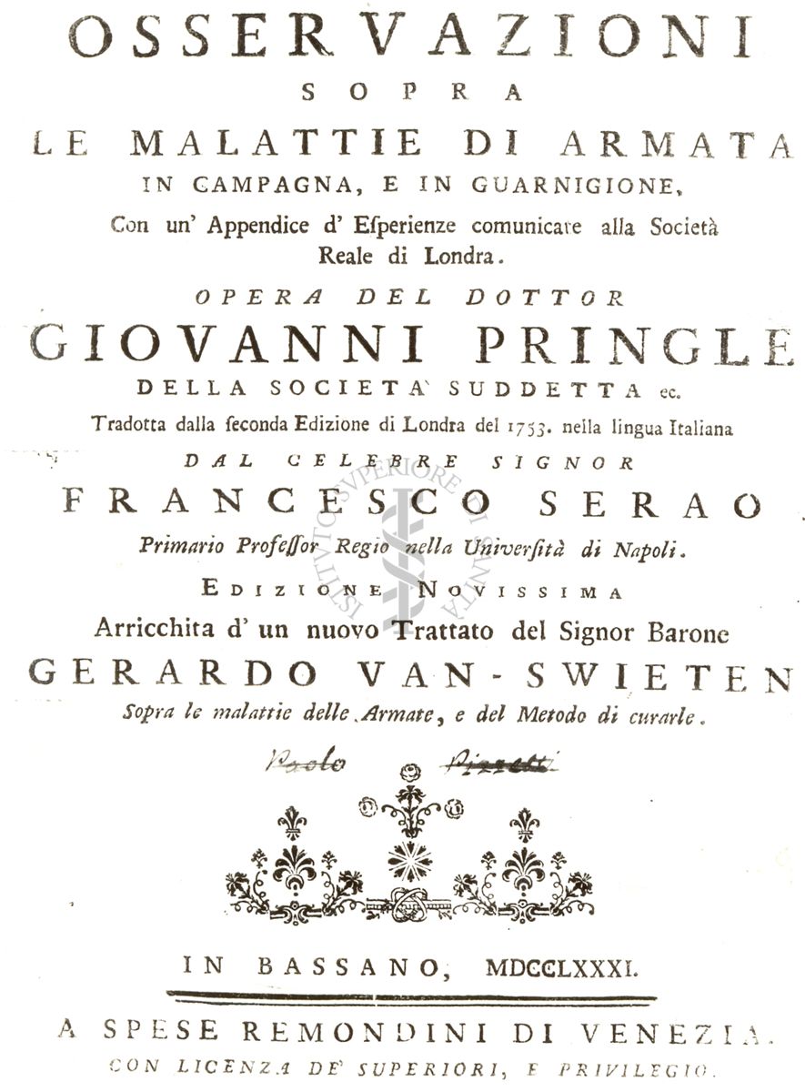 Frontespizio di un libro antico il cui titolo è: "Osservazioni sopra le malattie di armata in campagna e in guarnigione.