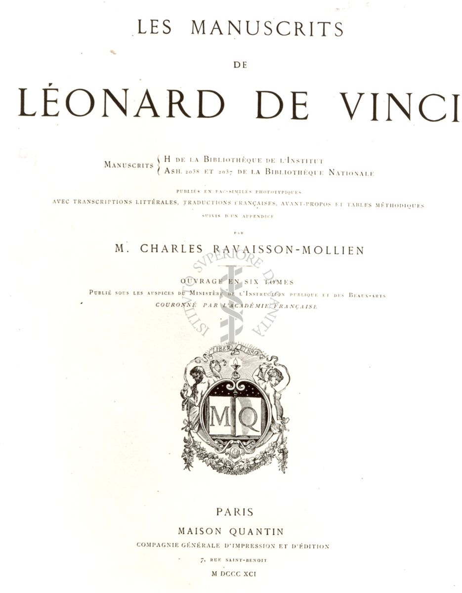 Frontespizio di un libro antico il cui titolo è: "Les manuscrits de Leonard de Vinci"