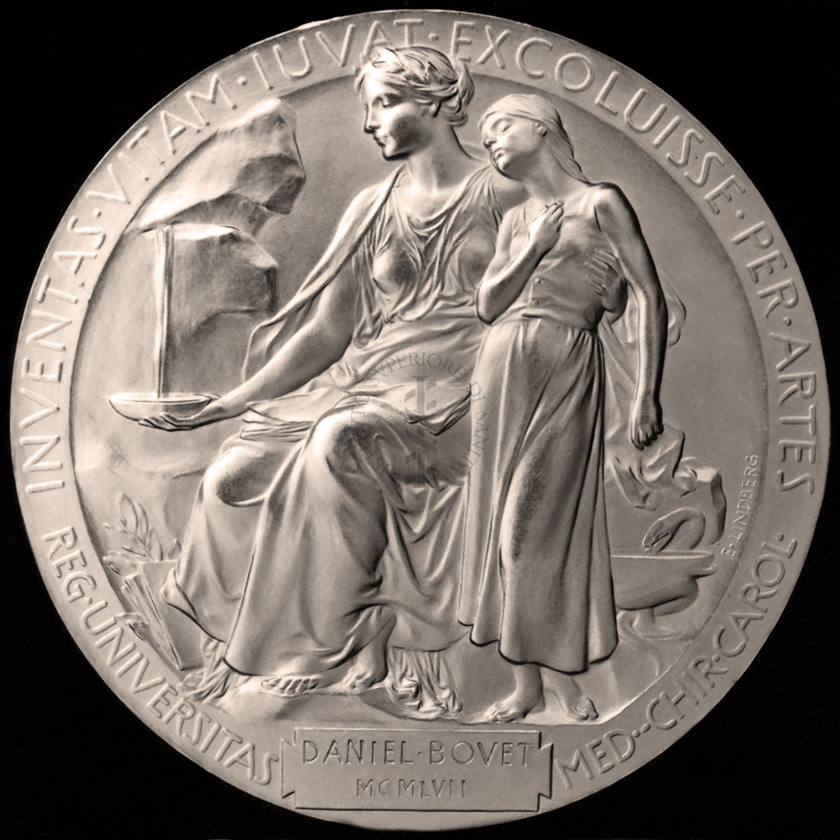 Lato B della medaglia d'oro del Premio Nobel per la medicina conferito a Daniel Bovet, 1957