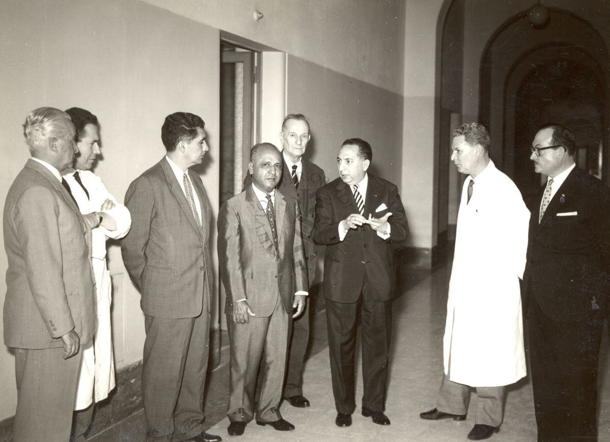 La delegazione con al centro S.E. Julio Cesar Bueso Cáceres, Ambasciatore di Honduras, discutono in un corridoio dell'Istituto in compagnia di alcuni ricercatori, del Prof. Massimo Pantaleoni (al centro) e del Prof. Giuseppe Russo (primo a sinistra)