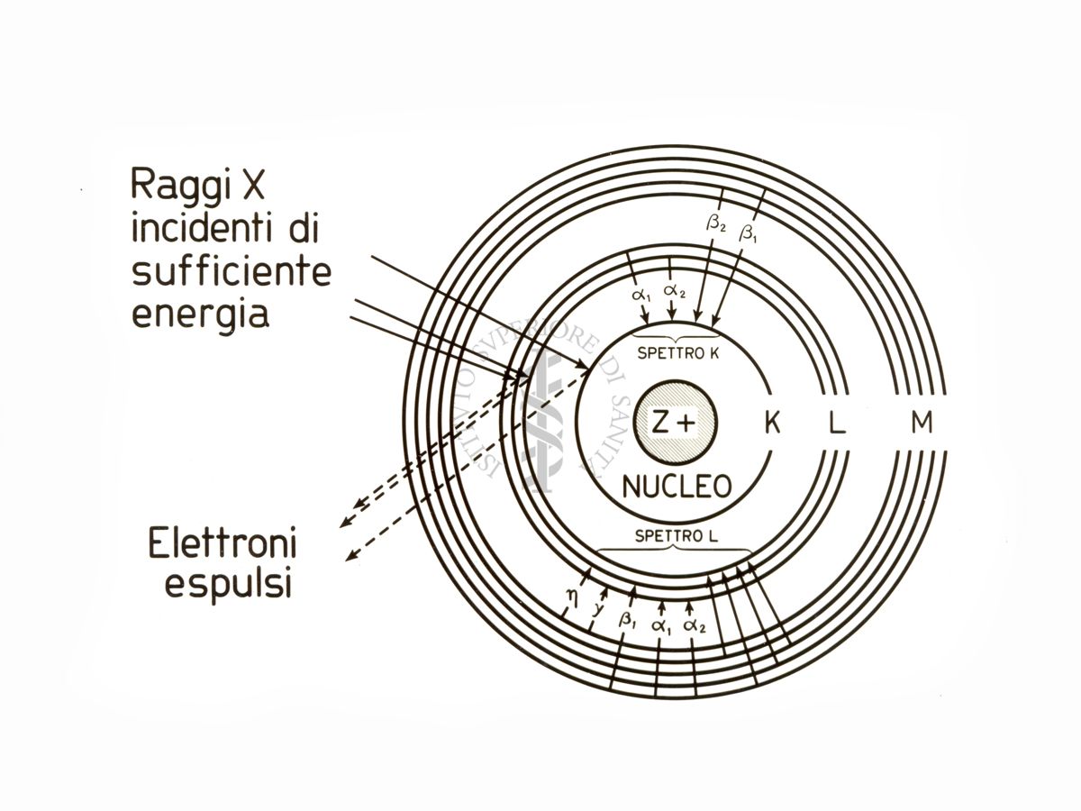 Schema di atomo con nucleo (Z+) vengono visualizzati 3 spettri: K, con un'orbita, più vicino al nucleo; L, con tre orbite, intermedie; M con cinque orbite, più esterne rispetto al nucleo. Vengono evidenziati i Raggi X incidenti di sufficiente energia e gli Elettroni espulsi