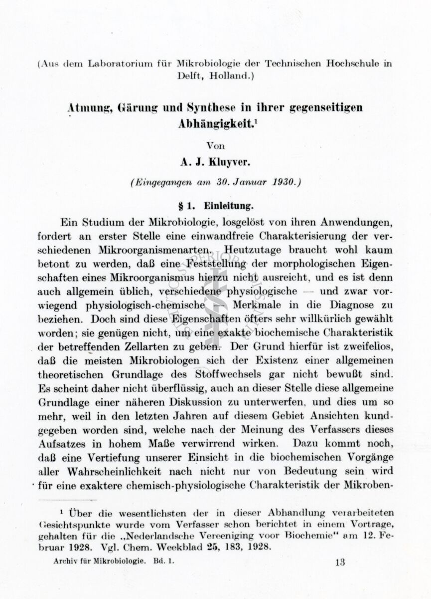 prima pagina della rivista  Archiv fur Mikrobiologie (1 B)