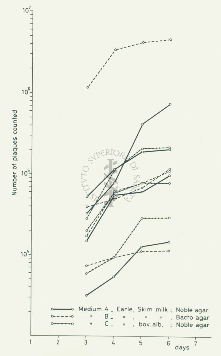 Grafico: sull'asse delle ordinate è scritto "Number of plaques counted", sull'asse delle ascisse sono riportati i giorni, all'interno del grafico sono riportati vari parametri