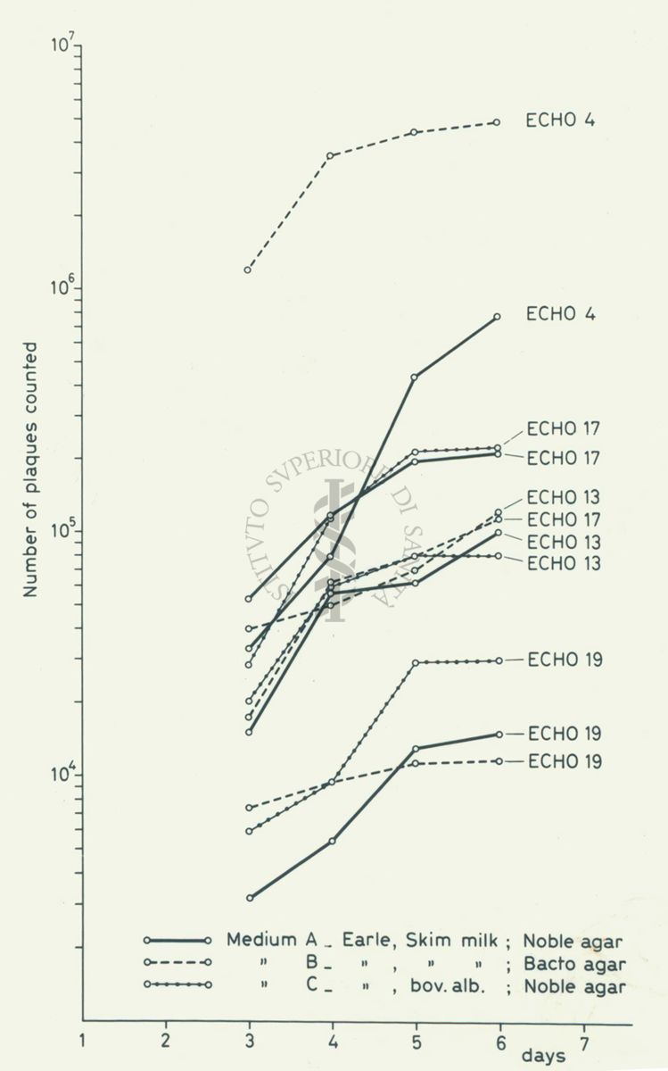 Grafico: sull'asse delle ordinate è scritto: Number of plaques counted, sull'asse delle ascisse sono riportati i giorni. All'interno del grafico vari parametri: ECHO 13, ECHO 17, ECHO 19. In basso è presente una leggenda