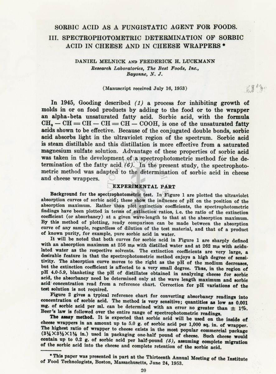 Prima pagina dell'articolo: Sorbic acid as a fungistatic agent for foods. III. Spectrophotometric determination of sorbic acid in cheese and in cheese wrappers di Daniel Melnick e Frederick H. Luckmann, 1953