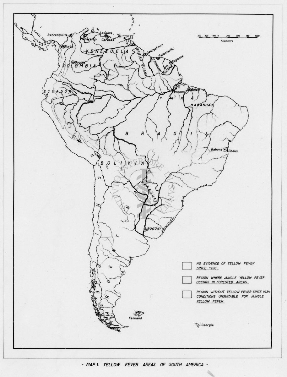 Cartogramma riguardante le zone colpite dalla Febbre Gialla nella Yungla del Sud America nel 1945