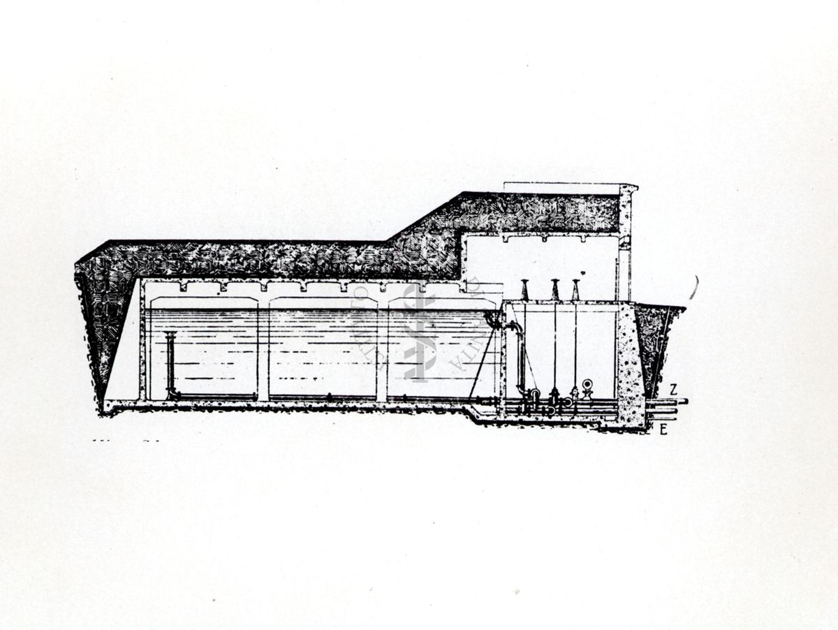 Schema di serbatoio in cemento armato interrato. Sezione verticale "Neri"