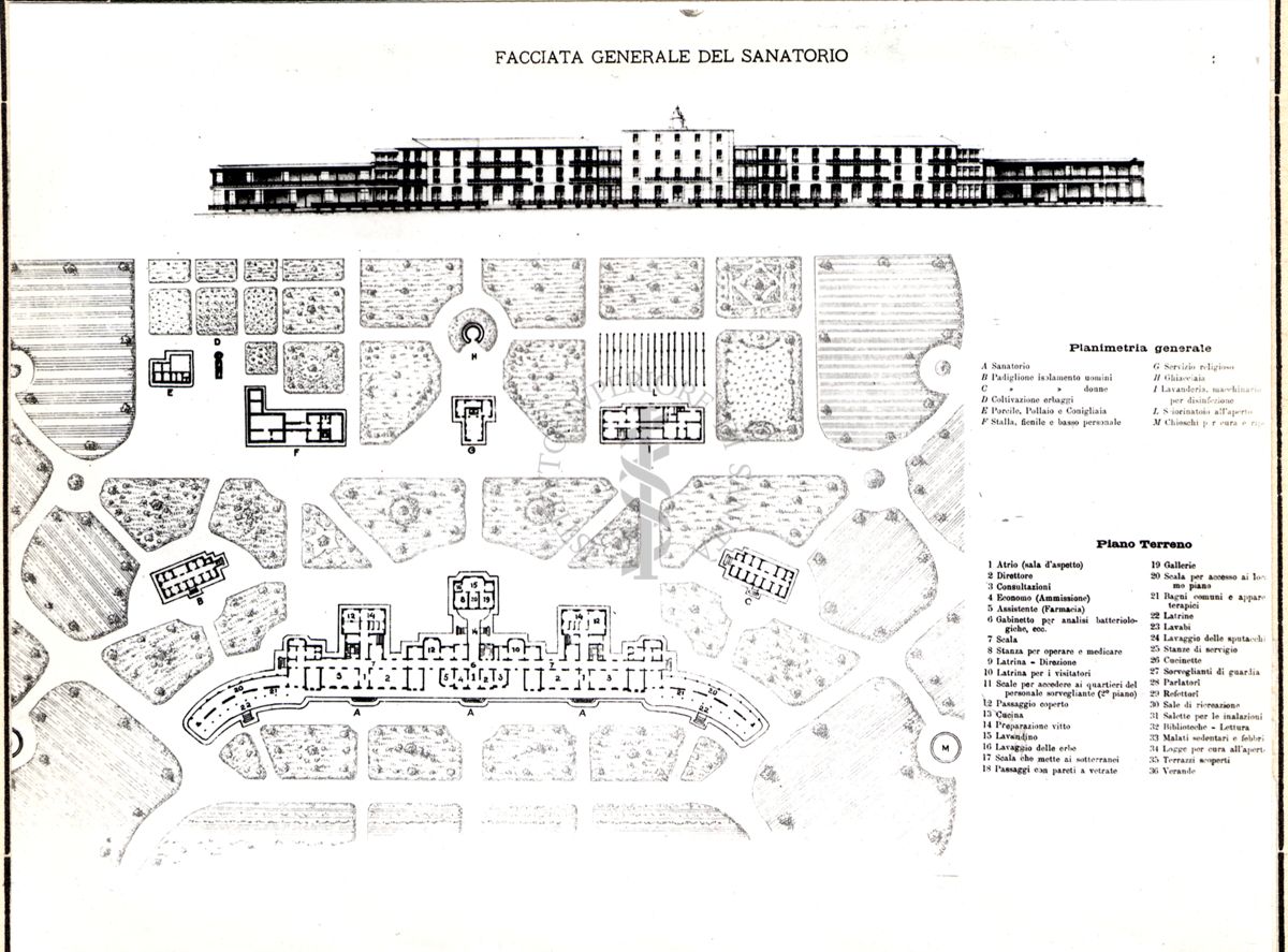 Facciata generale di un grande sanatorio