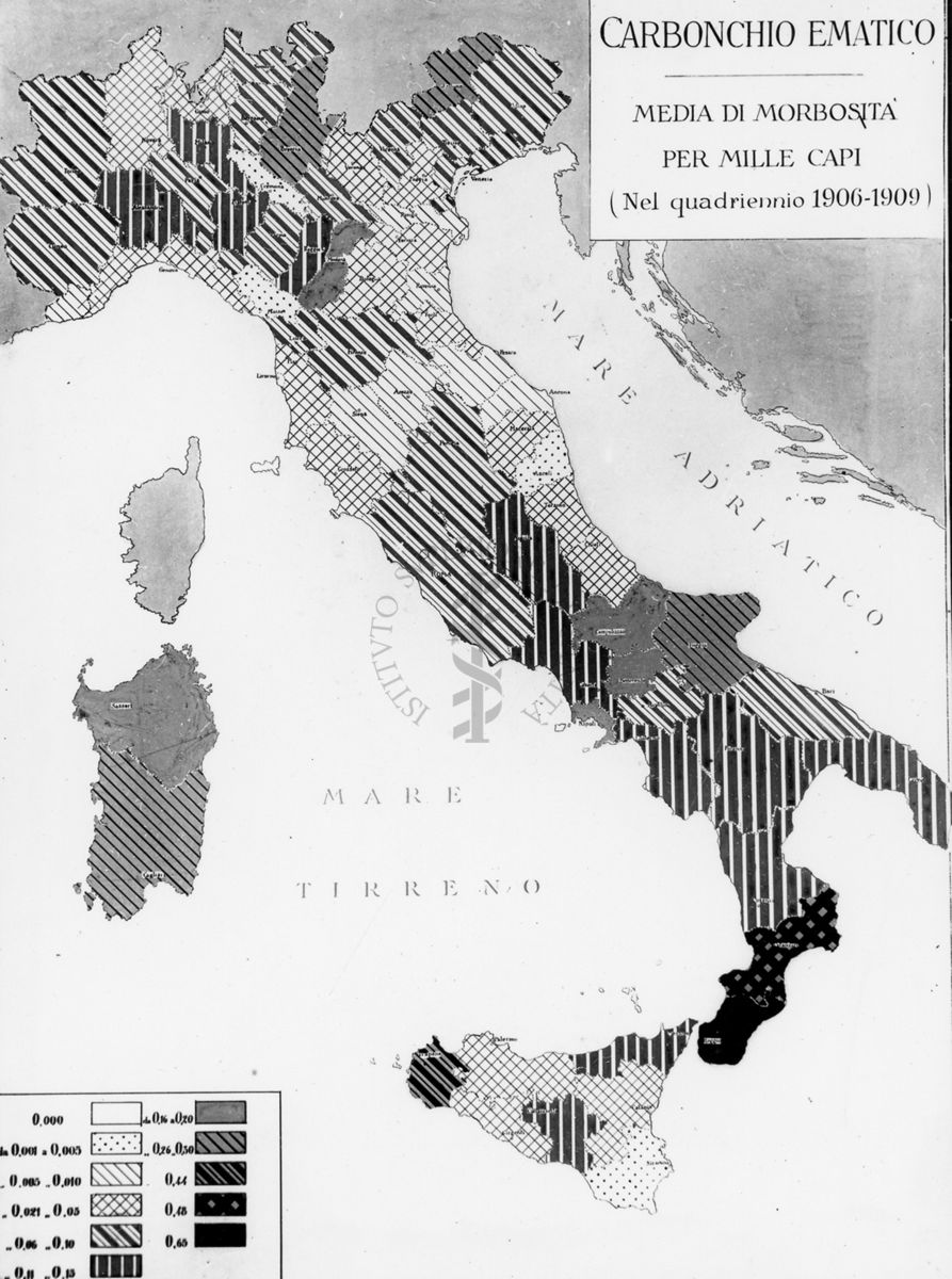 Cartogramma riguardante il Carbonchio ematico. Media di morbosità per mille capi nel quadriennio 1906-1909