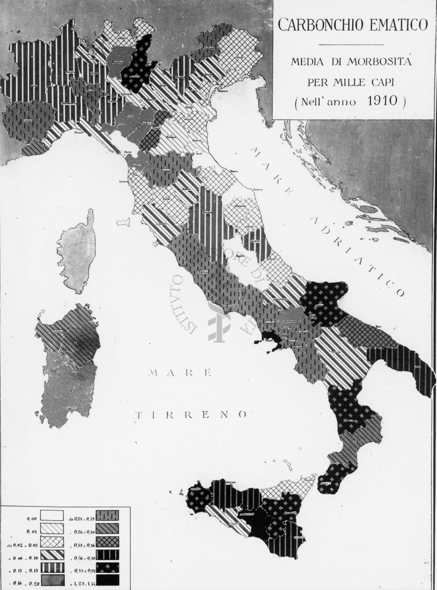 Cartogramma riguardante il Carbonchio ematico. Media di morbosità per mille capi nell'anno 1910