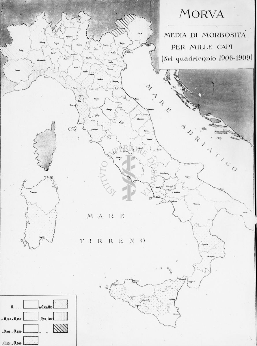 Cartogramma riguardante la Morva. Media di morbosità per mille capi nel quadriennio 1906-1909