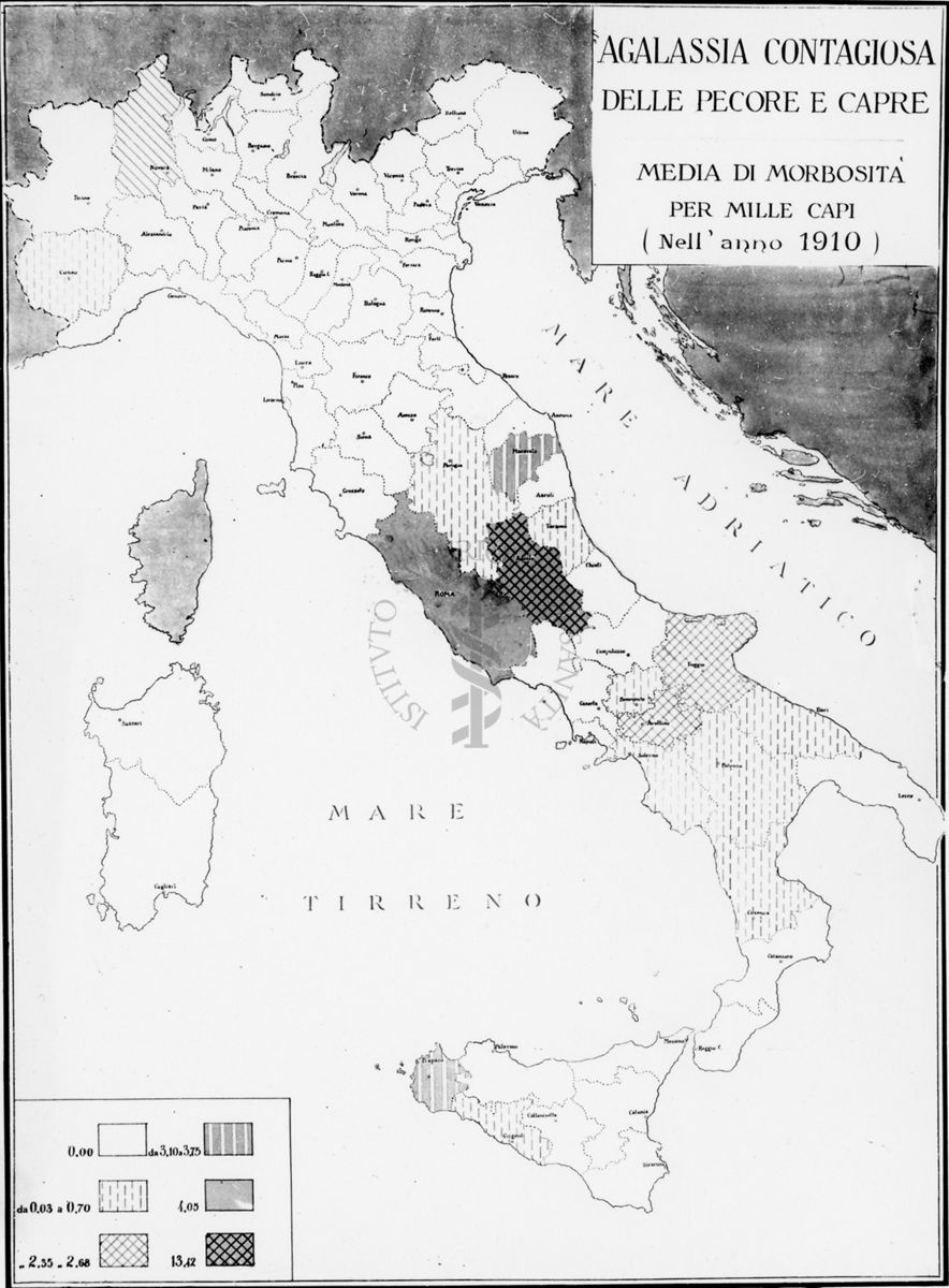 Cartogramma riguardante la Agalassia contagiosa delle pecore e capre. Media di morbosità per mille capi nell'anno 1910