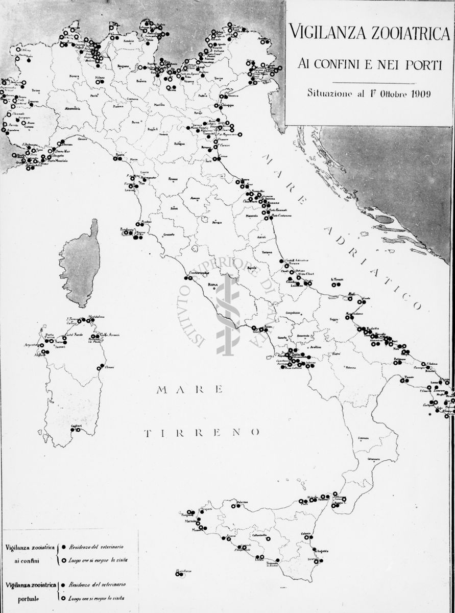 Cartogramma riguardante la vigilanza zooiatrica ai confini e nei porti, Situazione al 1° ottobre 1909