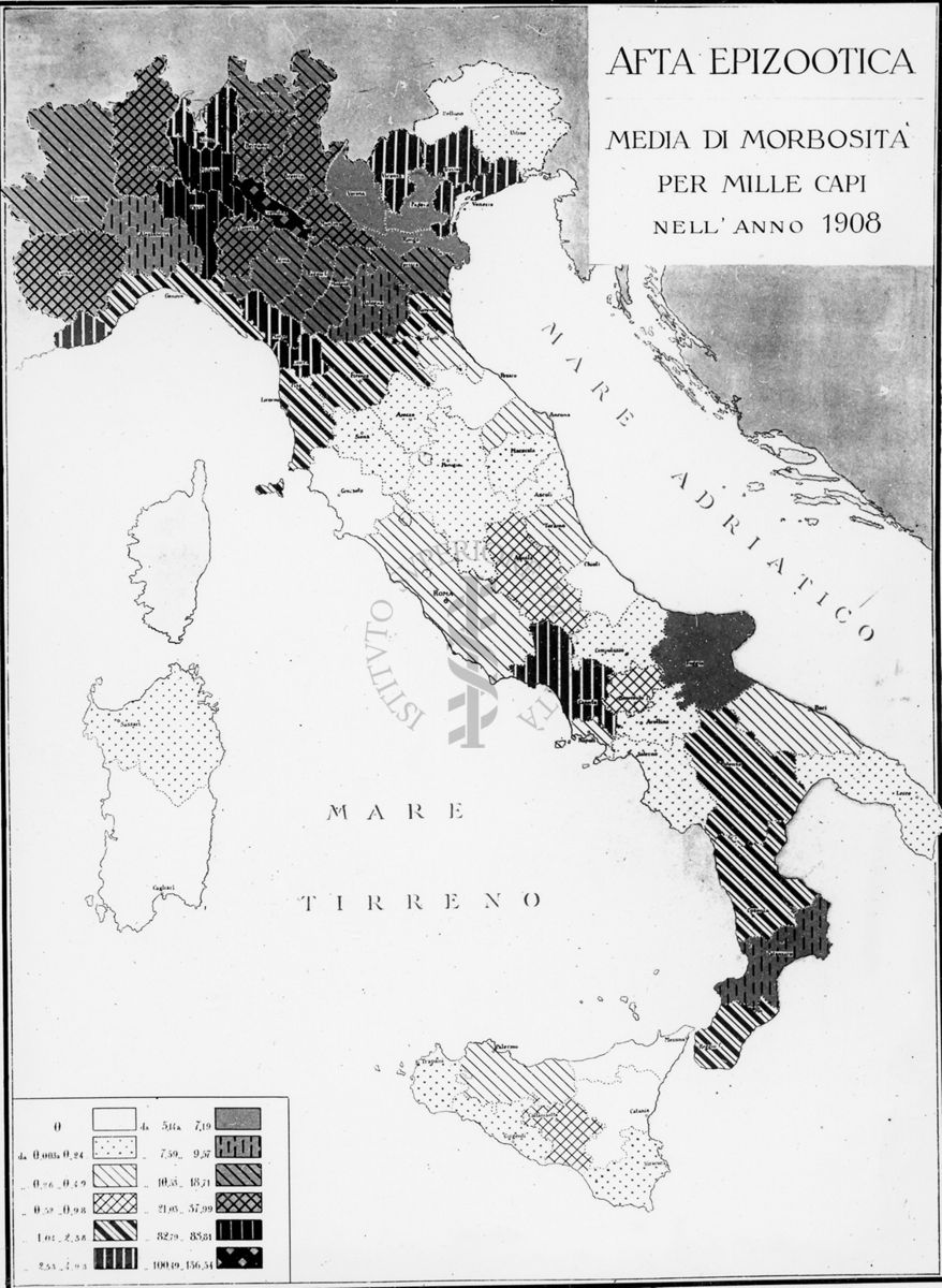 Cartogramma riguardante l'Afta  Epizootica. Media di morbosità per mille capi nell'anno 1908