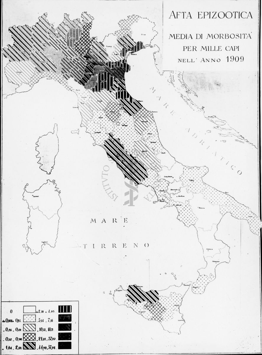 Cartogramma riguardante l'Afta  Epizootica. Media di morbosità per mille capi nell'anno 1909