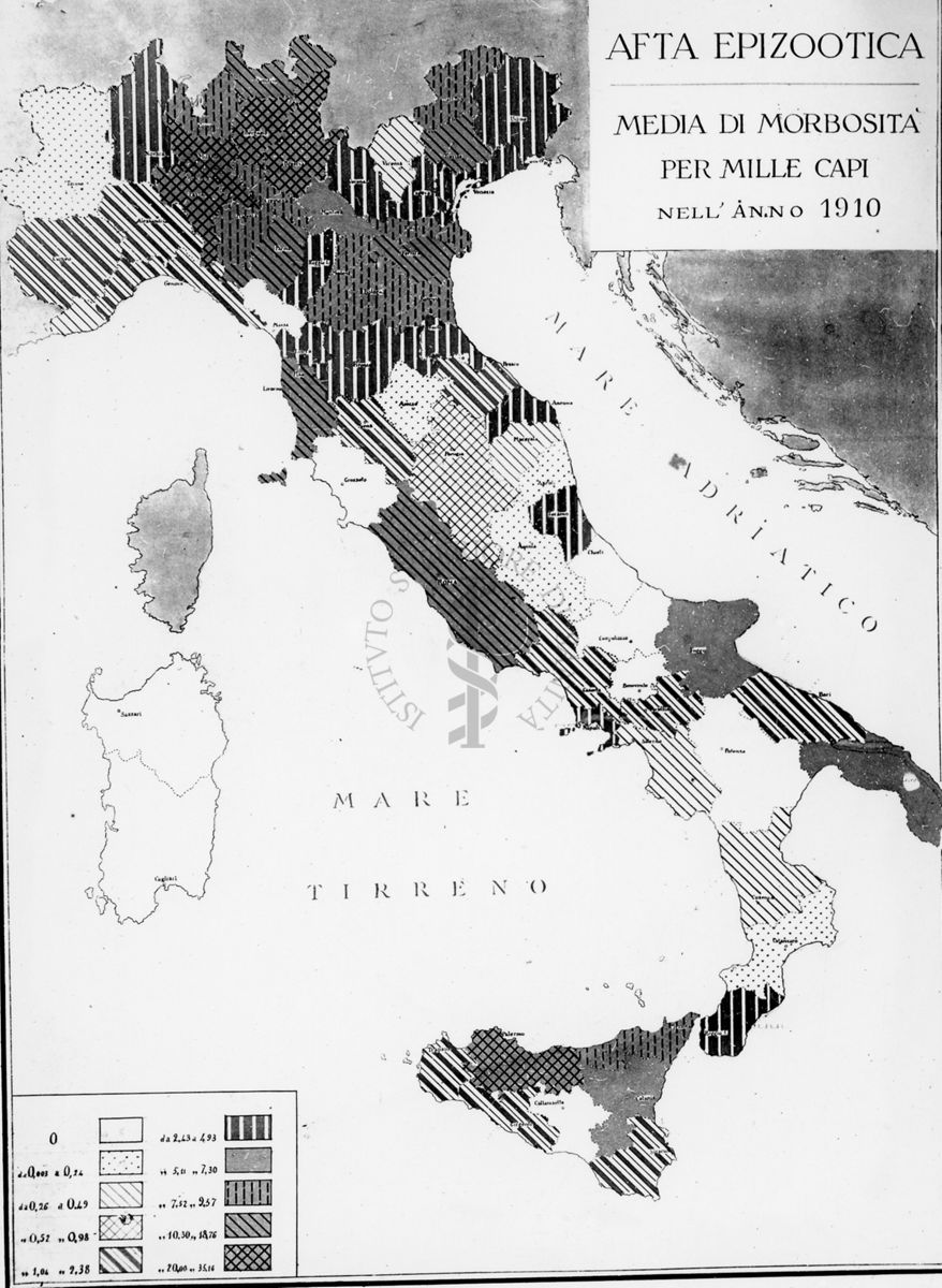 Cartogramma riguardante l'Afta  Epizootica. Media di morbosità per mille capi nell'anno 1910