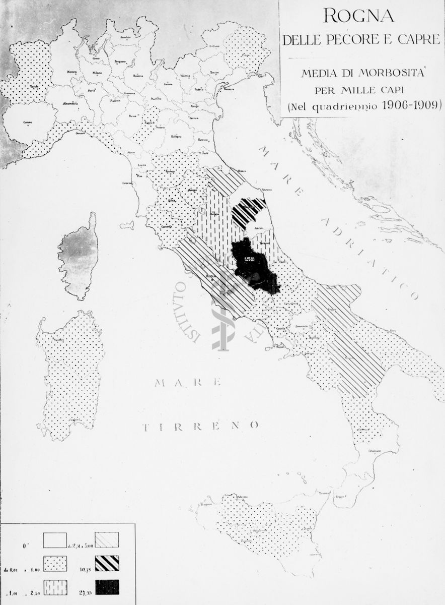 Cartogramma riguardante le Rogna delle pecore e capre. Media di morbosità per mille capi nel quadriennio 1906-1909