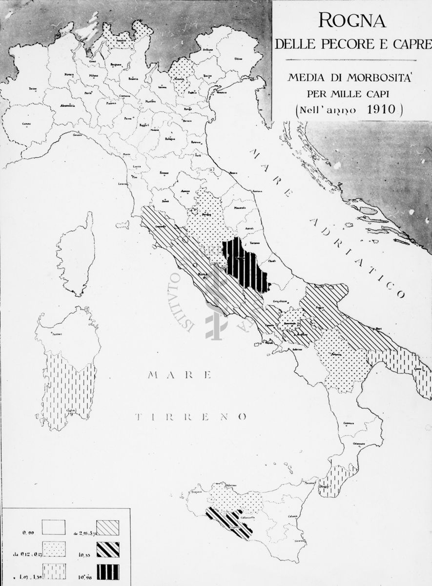 Cartogramma riguardante le Rogna delle pecore e capre. Media di morbosità per mille capi nell'anno 1910