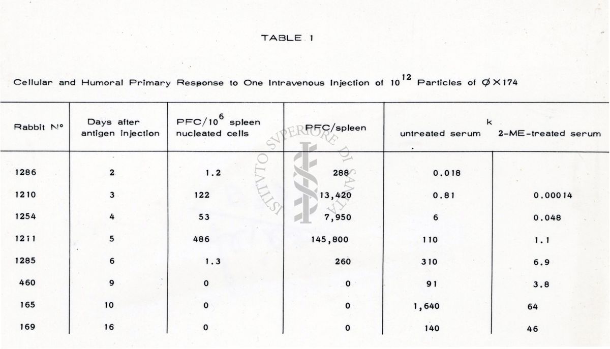 Grafici e tabelle riguardanti "Cellular and Humoral Primary Response in One Intravenous injection of 10 Particles of OX174"