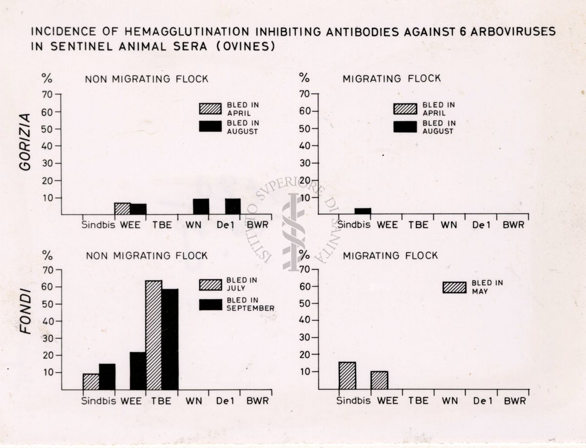 Grafico su: "Incidence of Hemagglutination inhibiting antibodies against 6 arboviruses in sentinel animal sera (ovines)"