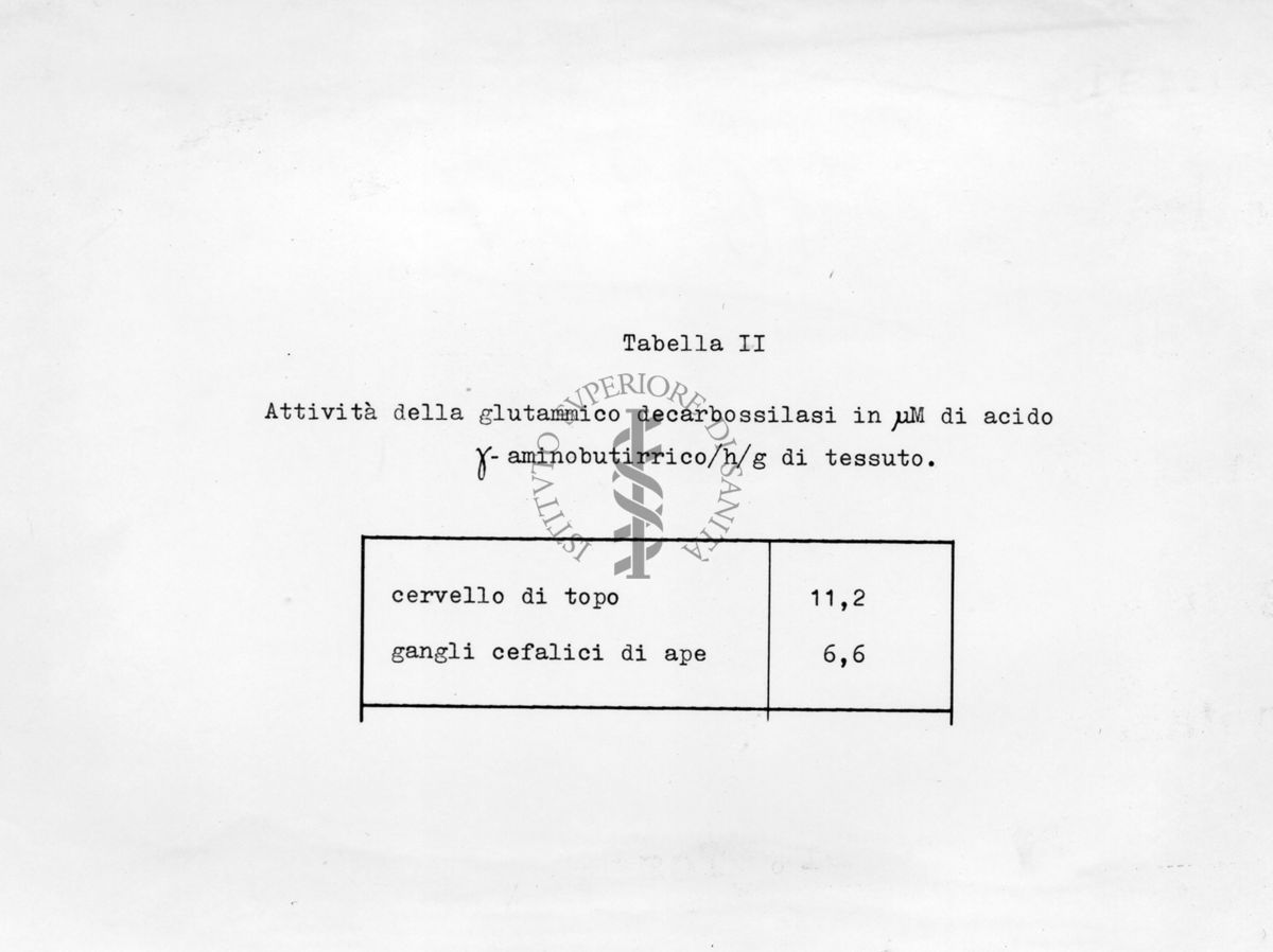 Tabella riguardante la decarbossillasi dell'acido glutamminico nel tessuto nervoso di insetti