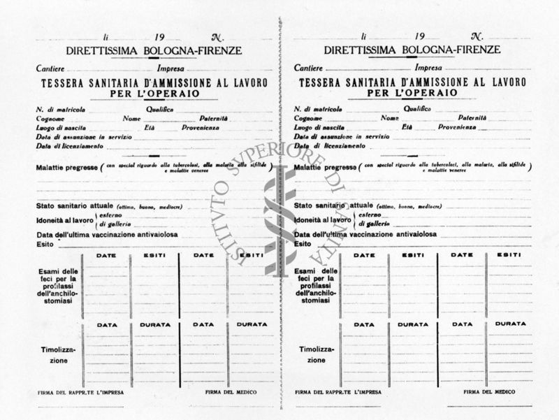 Fax simile della tessera sanitaria d'ammissione nei cantieri della Direttissima Firenze-Bologna