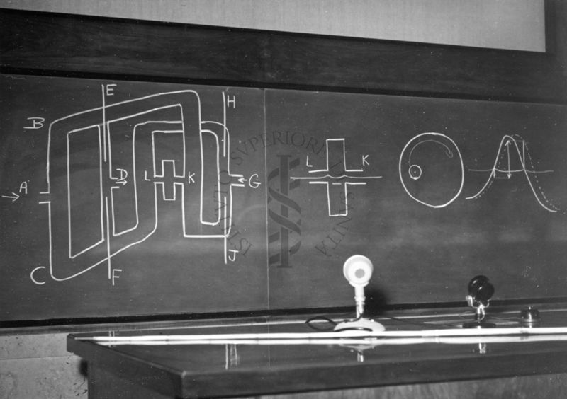 La lavagna di ardesia dell'aula magna dell'Istituto Superiore di Sanità con schemi e tracciati presenti il giorno della relazione tenuta dal Prof. Martin