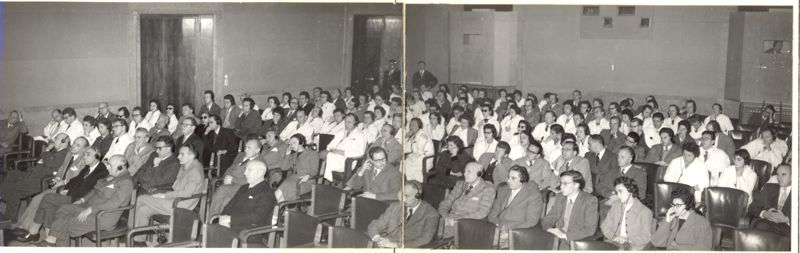 La platea dell'Aula Magna in occasione della conferenza del Prof. Dilworth Wayne Woolley. In prima fila a destra si riconosce il Prof. Domenico Marotta e dietro di lui il Prof. Bovet. Il Dott. Massimo Pantaleoni seduto, in fondo alla fila. In quarta fila, dietro il marito la Dott.ssa Filomena Nitti