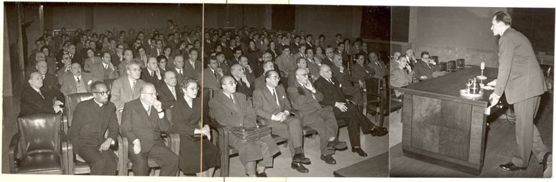 Il Prof. Michael Lederer al banco dei relatori. In platea, in prima fila, da destra a sinistra il Prof. Daniel Bovet e Il Prof. Domenico Marotta