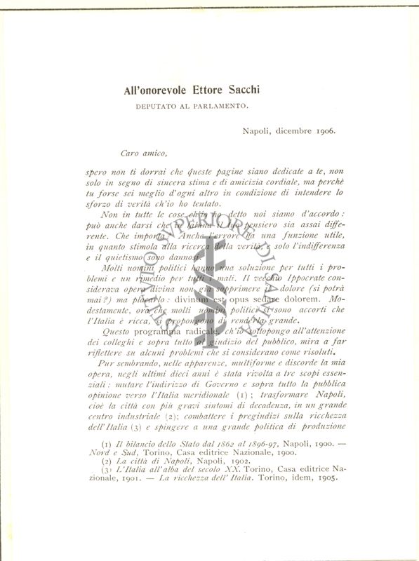 Lettera di Nitti all'On. Ettore Sacchi, datata dicembre 1906. Prima pagina