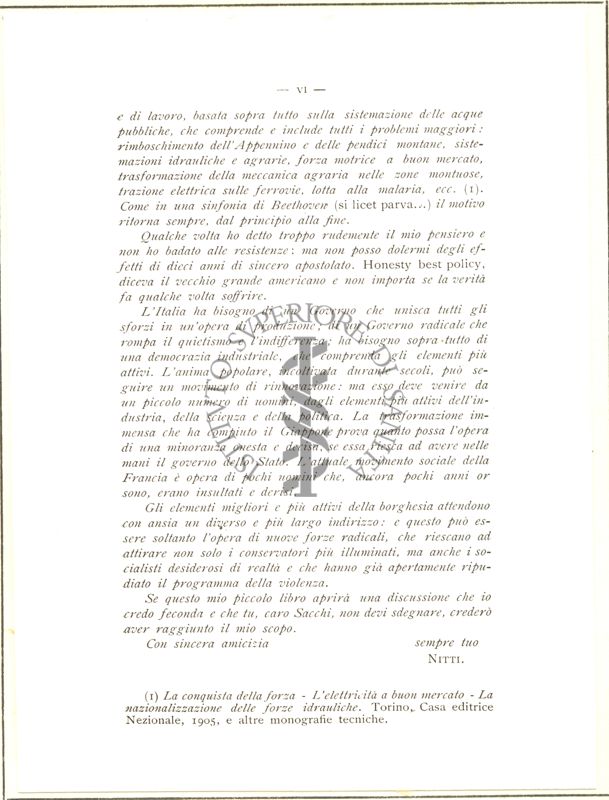 Lettera di Nitti all'On. Ettore Sacchi, datata dicembre 1906. Seconda pagina