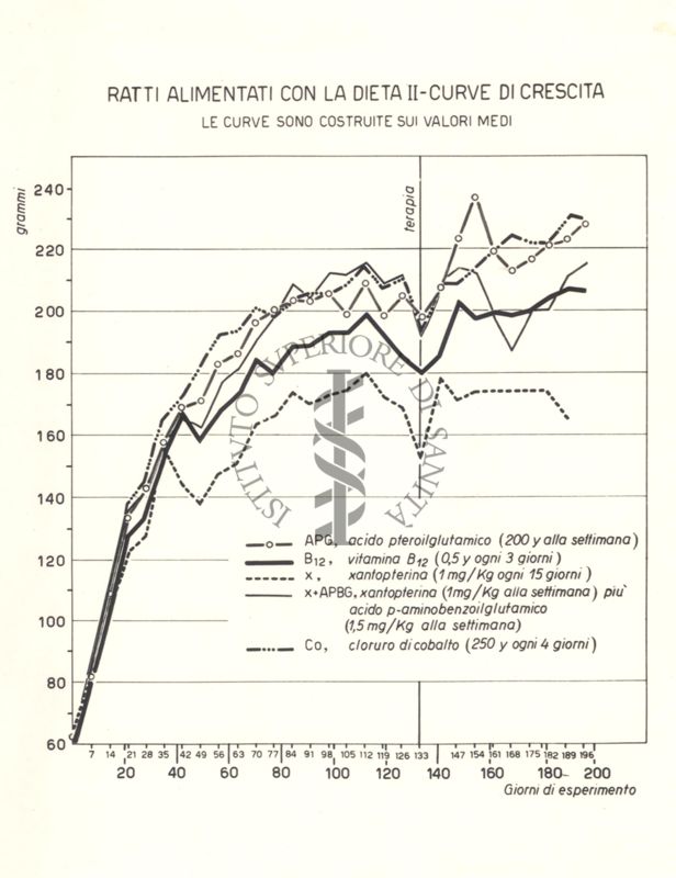 Tracciati che mostrano le curve di crescita dei ratti trattati con acido Pteroilglutammico, Vitamina B.12, Xantopterina, Xantopterina più acido p-aminobenzoilglutammico, Cloruro di Cobalto