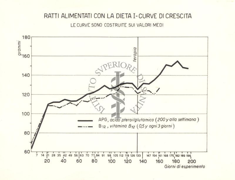 Tracciati che mostrano le curve di crescita dei ratti alimentati con acido Pteroilglutammico e Vitamina B.12