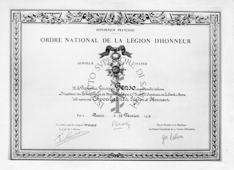 Diploma di onorificenza del Prof. Giuseppe Penso