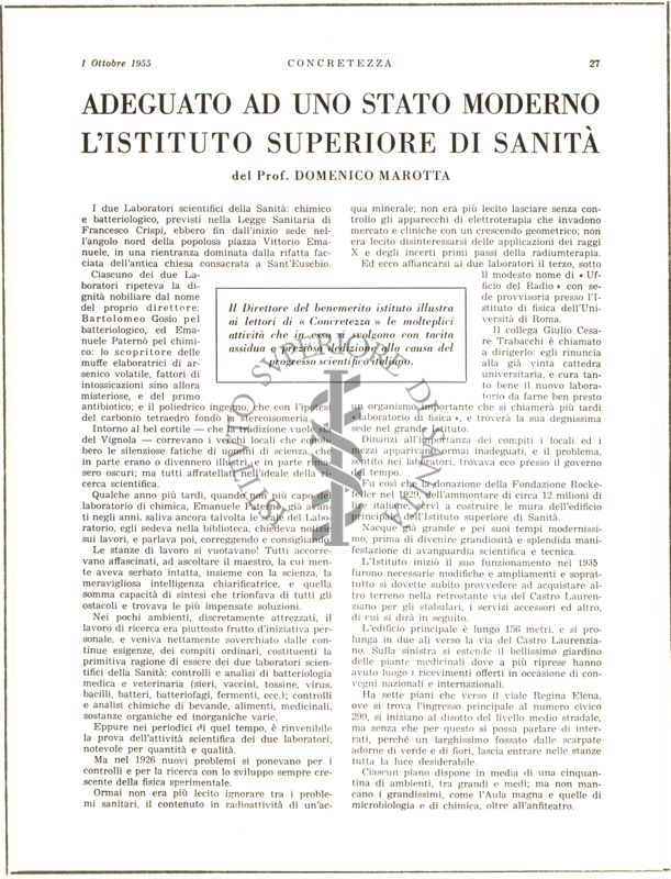 Articolo sull'Istituto Superiore di Sanità "Adeguato ad uno stato Moderno l'Istituto Superiore di Sanità