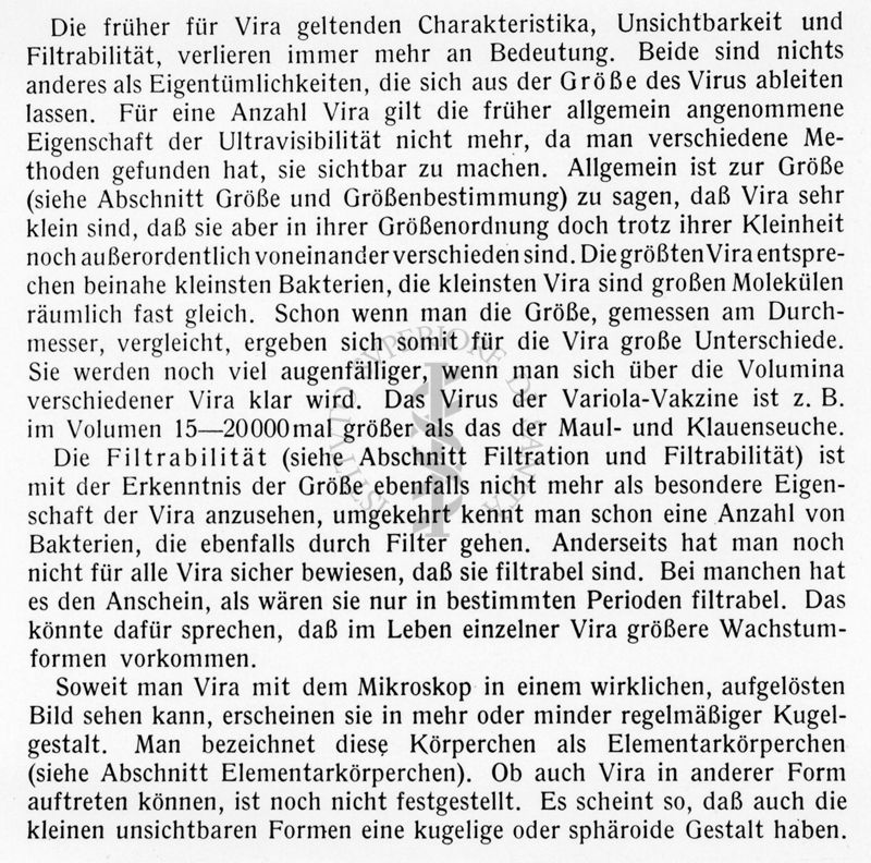 Stralcio dal libro "Virus und viruskrankheiten" di Gustav Sciffert"