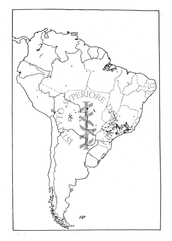 Diffusione della febbre gialla nell''America meridionale. I punti indicano le località in cui furono riscontrati casi di febbre gialla nel periodo 1932-38.