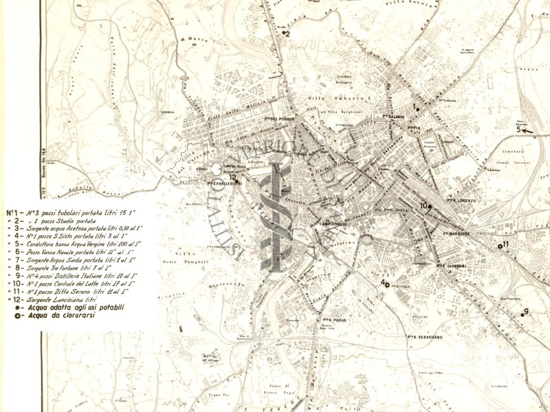 Carta topografica di Roma, con segnalazioni di sorgenti di acque