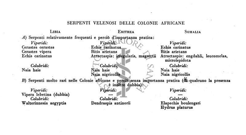 Tabella qualificativa dei serpenti velenosi delle Colonie Africane