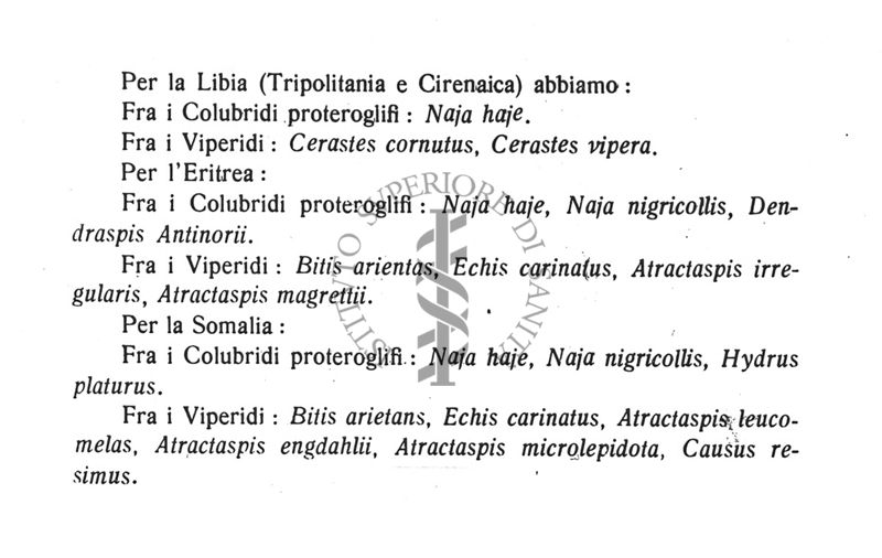 Tabella qualificativa dei serpenti velenosi delle Colonie Africane