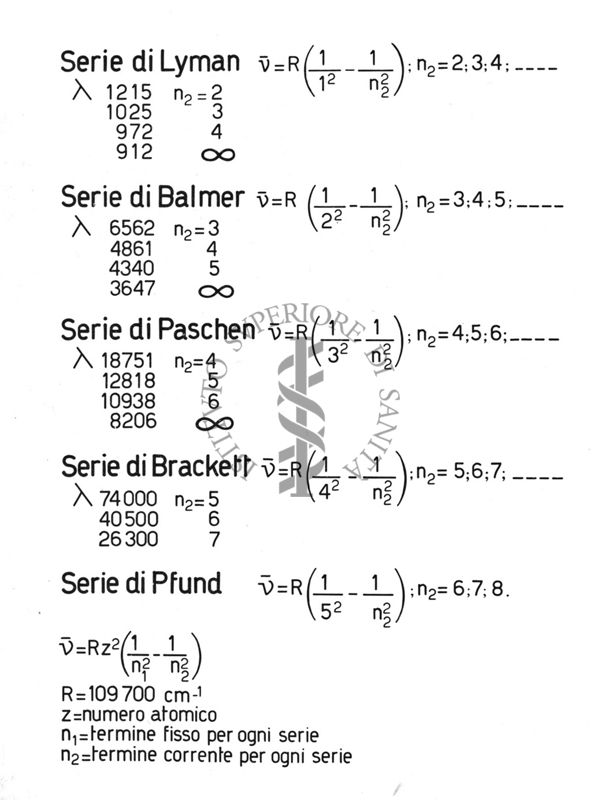 Formule riguardanti: "Serie di Lyman - Serie di Balmer - Serie di Paschen - Serie di Brackett - Serie di Pfund"