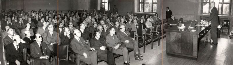Il Prof. Mann (lato destro della foto) in conferenza nell'aula magna dell'Istituto Superiore di Sanità; tra i presenti (in prima fila) possiamo individuare i professori: Chain, Bovet e Marotta.