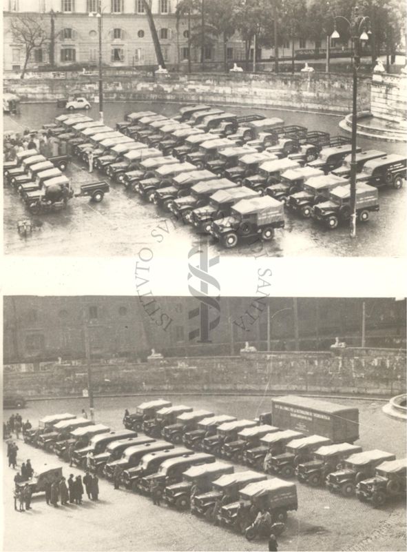 Partenza da Piazza del Popolo a Roma di automezzi per l'inizio della lotta antimalarica in Sicilia - 12 febbraio 1947